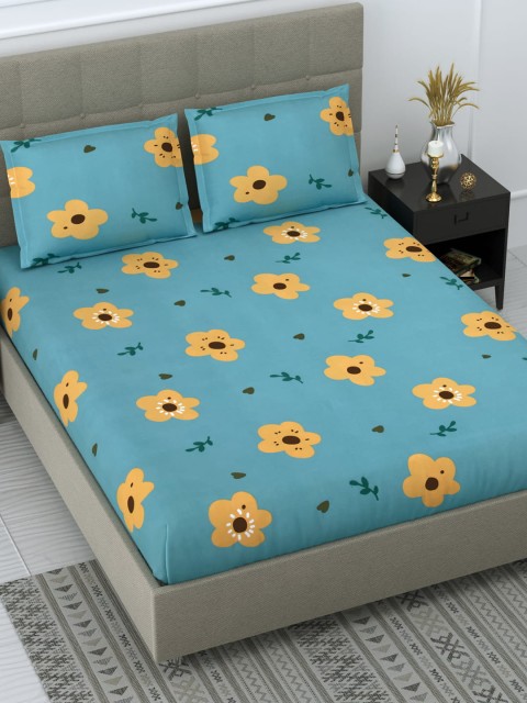 

DREAM WEAVERZ Green & Yellow Floral TC 240 Queen Bedsheet with 2 Pillow Covers