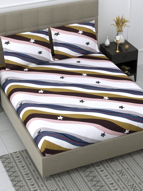 

DREAM WEAVERZ White & Brown Striped 240TC Pure Cotton Queen Bedsheet with 2 Pillow Covers