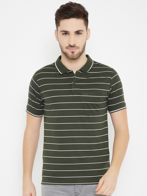 

Okane Men Olive Green & White Striped Polo Collar T-shirt
