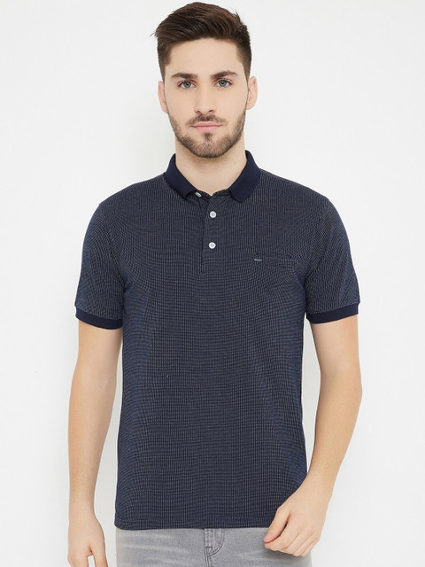 

Okane Men Navy Blue Self Design Polo Collar T-shirt