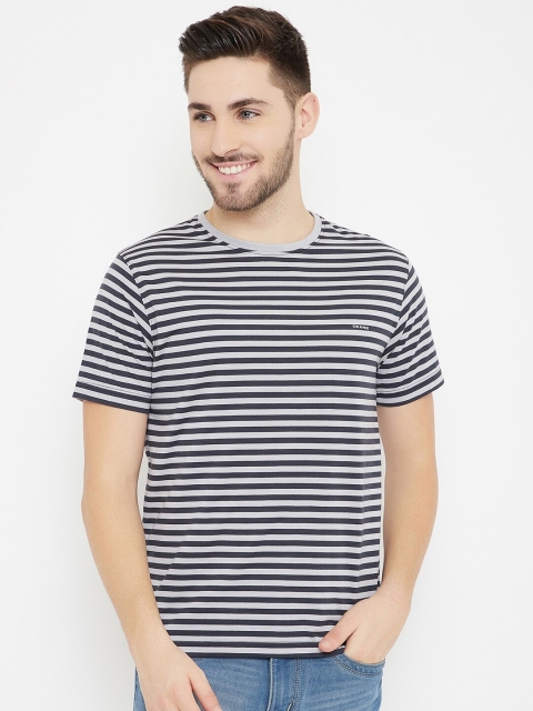 

Okane Men Grey & Navy Blue Striped Cotton T-shirt