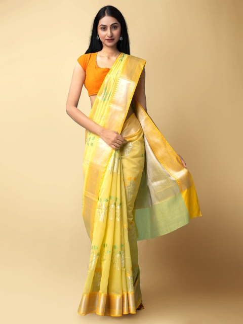 

Unnati Silks Green & Yellow Woven Design Zari Silk Cotton Banarasi Saree
