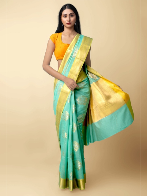 

Unnati Silks Women Sea Green & Yellow Pure Brocade Banarasi Sico Saree