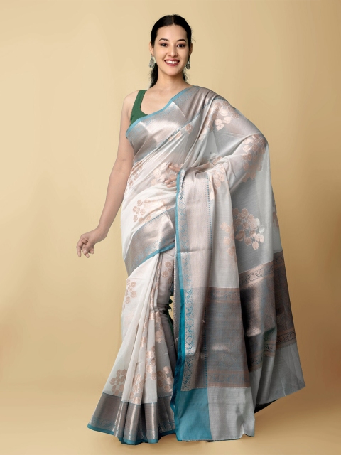 

Unnati Silks Grey & Silver-Toned Floral Zari Silk Cotton Banarasi Saree