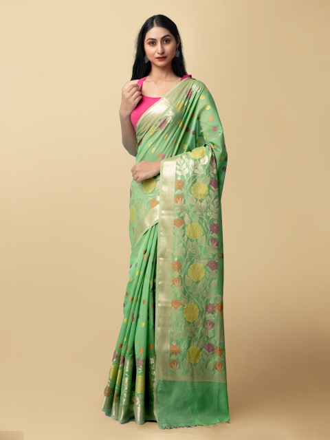 

Unnati Silks Green & Pink Woven Design Zari Silk Cotton Banarasi Saree