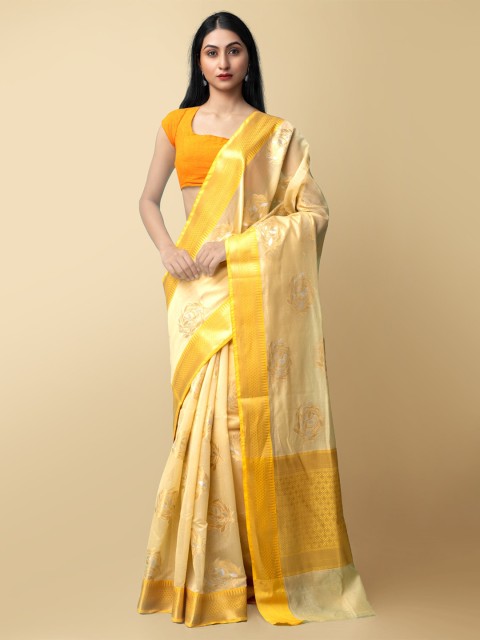 

Unnati Silks Beige & Yellow Woven Design Zari Silk Cotton Banarasi Saree