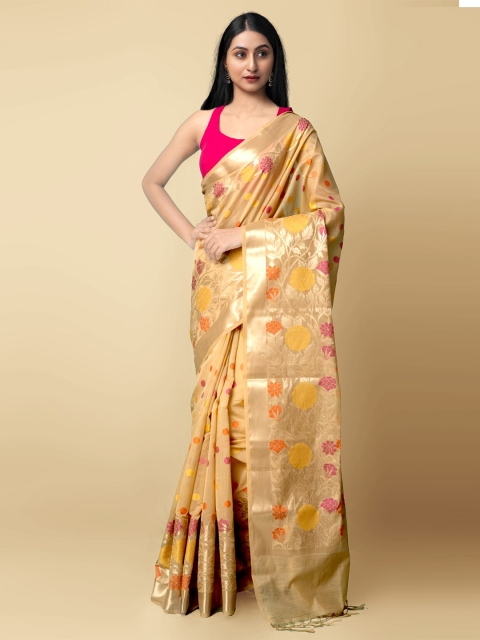 

Unnati Silks Brown & Pink Ethnic Motifs Zari Silk Cotton Banarasi Saree