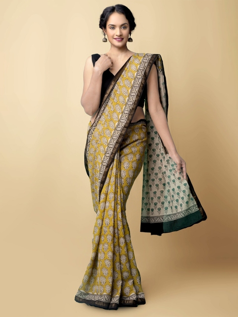 

Unnati Silks Women Yellow & Brown Pure Preet Bagru Mulmul Cotton Saree