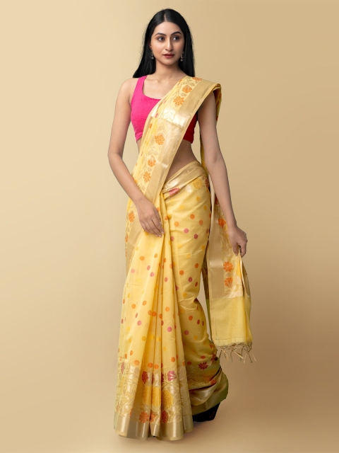

Unnati Silks Yellow & Red Woven Design Zari Silk Cotton Banarasi Saree