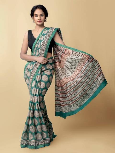 

Unnati Silks Women Green Pure Preet Bagru Mulmul Cotton Saree