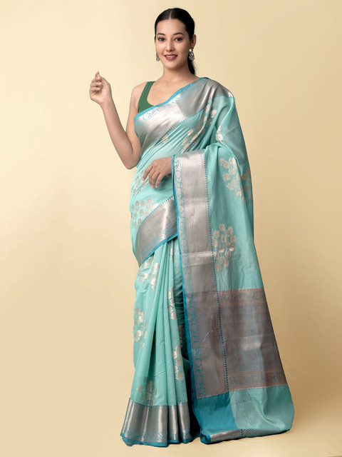 

Unnati Silks Green & Silver-Toned Floral Woven Design Zari Silk Cotton Banarasi Saree