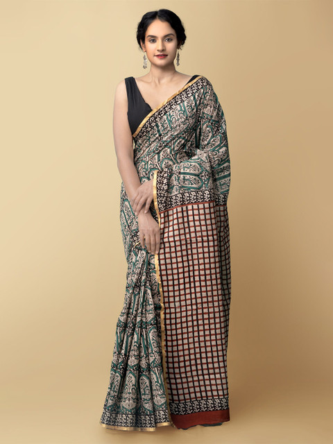 

Unnati Silks Green & Beige Woven Design Pure Cotton Bagru Saree