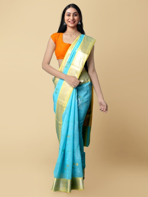 

Unnati Silks Blue & Yellow Woven Design Zari Silk Cotton Banarasi Saree