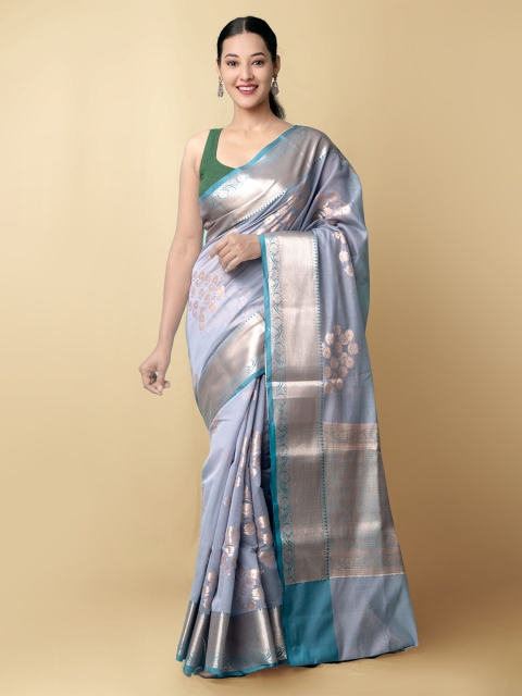 

Unnati Silks Grey & Silver-Toned Woven Design Zari Silk Cotton Banarasi Saree