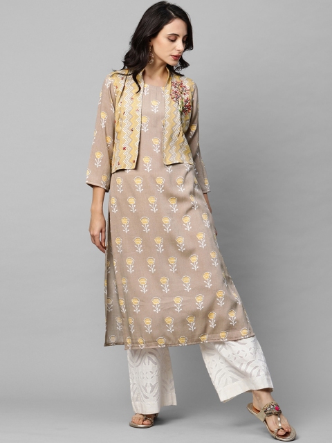

FASHOR Women Beige Floral Embroidered & Chevron Printed Jacket Flared Sleeves Kurta