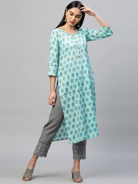 

FASHOR Women Blue & Green Floral Printed Kurta