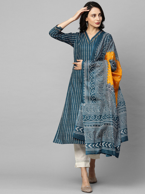 

FASHOR Women Teal Green & White Bandhani Printed Anarkali Kurta with Dupatta