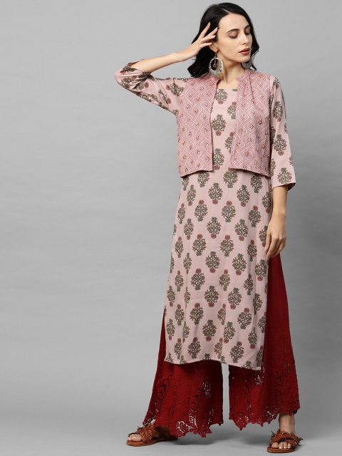 

FASHOR Women Pink Ethnic Motifs Printed With Kurta Hand Embroidered Jacket