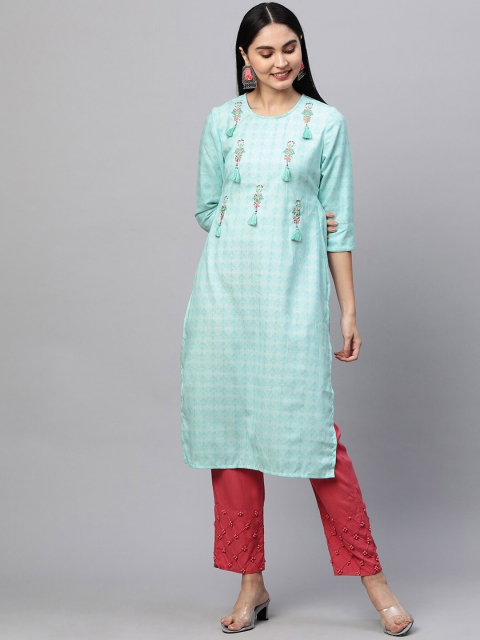 

FASHOR Women Blue Ethnic Motifs Embroidered Round Neck Kurta