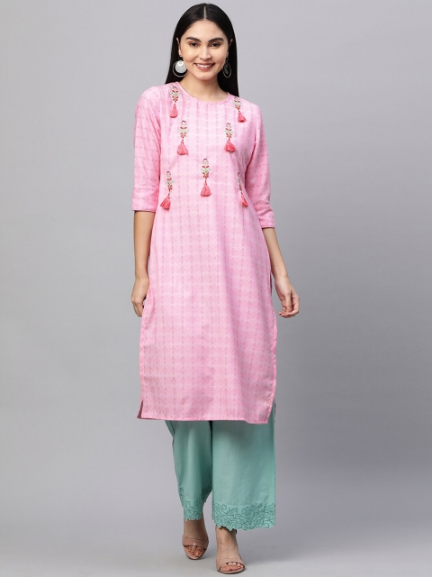 

FASHOR Women Pink Geometric Printed Thread Work Kurta