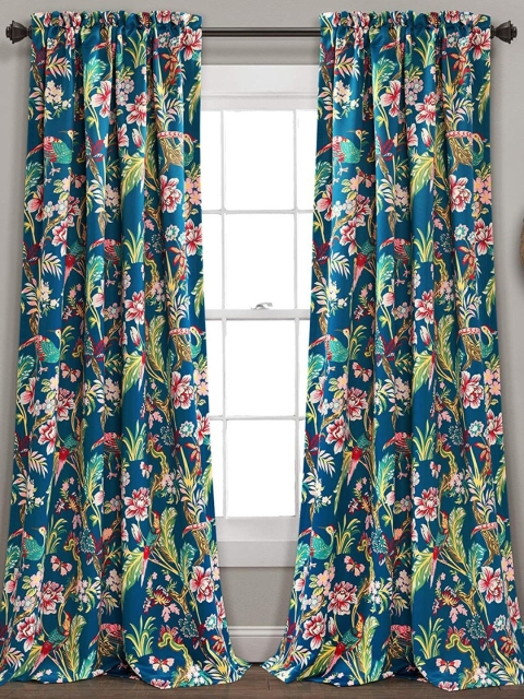 

URBAN SPACE Blue & Red Set of 2 Floral Printed Regular Window Curtain