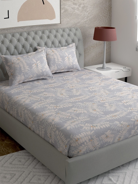 

EverHOME Grey & Cream-Coloured Floral 300 TC King Bedsheet with 2 Pillow Covers