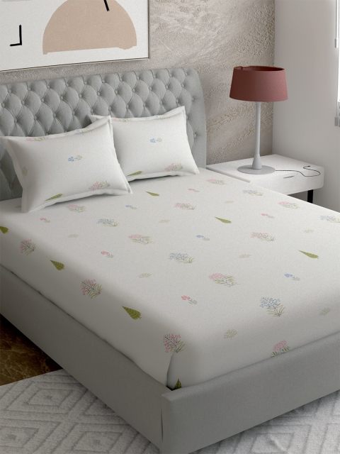

EverHOME Cream-Coloured & Green Floral 300 TC King Bedsheet with 2 Pillow Covers