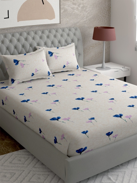 

EverHOME Cream-Coloured & Blue Floral 300 TC Cotton King Bedsheet with 2 Pillow Covers