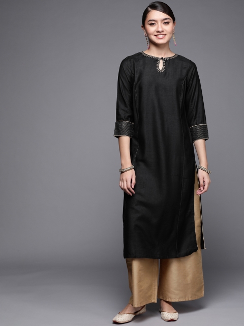 

Fabindia Women Black Solid Embroidered Detail Panelled Straight Kurta