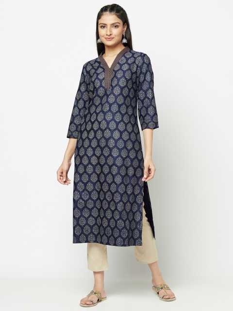 

Fabindia Women Navy Blue & Grey Ethnic Motifs Khari Print Festive Straight Kurta