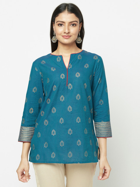 

Fabindia Blue & Golden Hand Block Ethnic Motifs Printed Pure Cotton Kurti