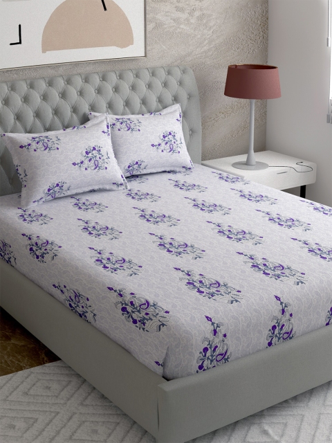 

EverHOME Grey & Purple Cotton Floral Printed 144 TC Queen Bedsheet With 2 Pillow Covers