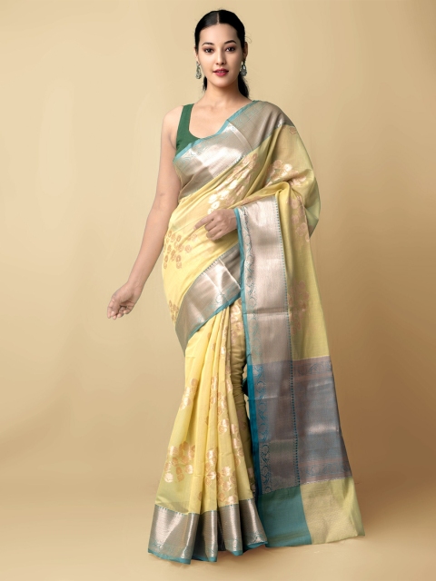 

Unnati Silks Yellow & Silver-Toned Woven Design Zari Silk Cotton Banarasi Saree