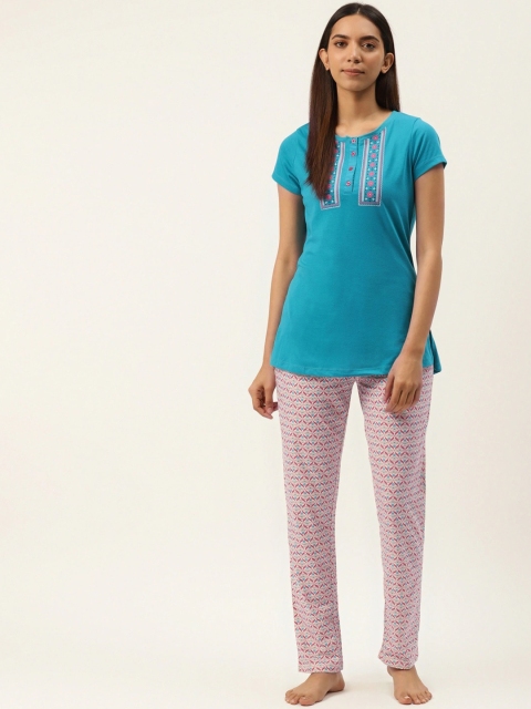 

Sweet Dreams Women Turquoise Blue & White Night suit