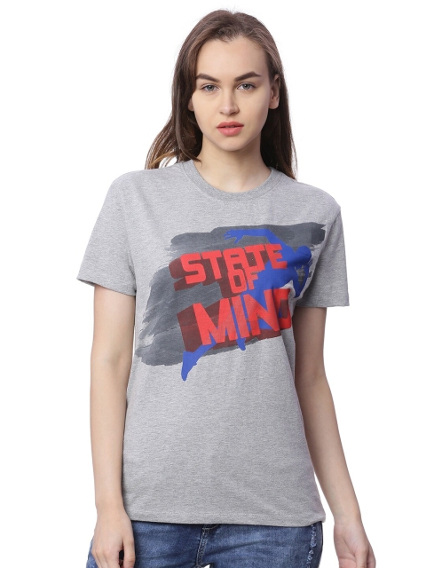 

Wolfpack Women Grey Melange Typography Printed Pockets T-shirt