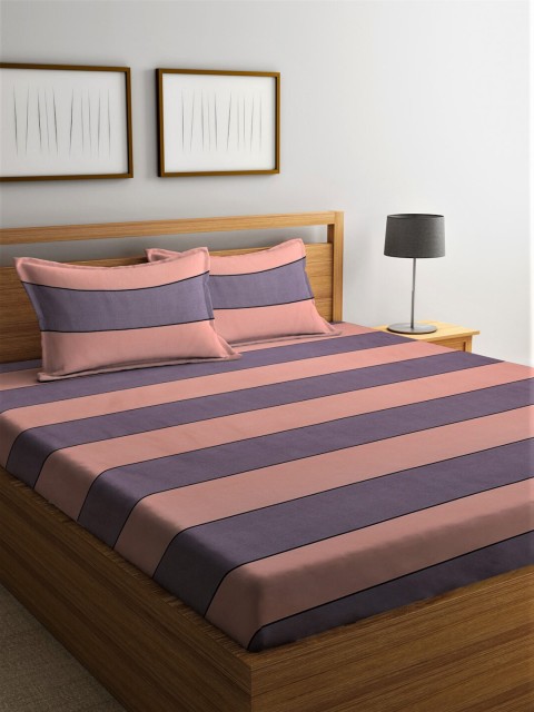 

Home Sizzler Peach-Coloured & Blue Striped 144 TC Queen Bedsheet with 2 Pillow Covers