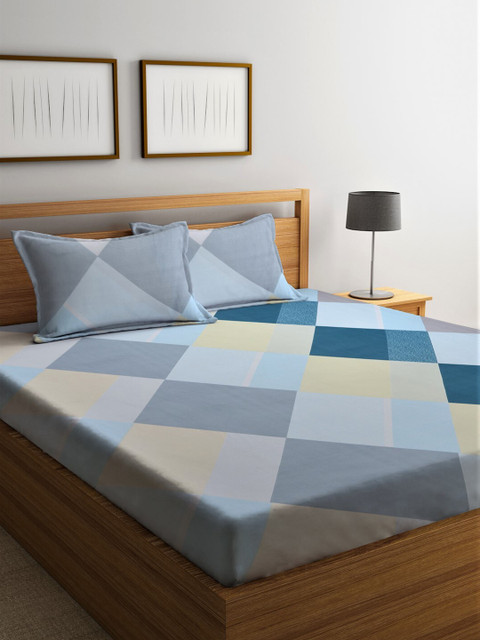 

Home Sizzler Blue & Grey Geometric 144 TC Cotton Queen Bedsheet with 2 Pillow Covers