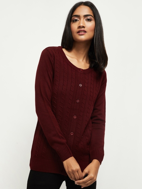 

max Women Maroon Cable Knit Longline Cardigan