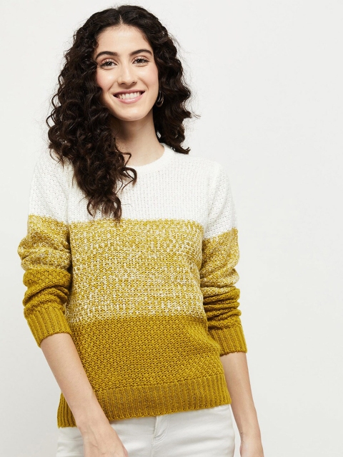 

max Women Mustard Yellow & White Colourblocked Pullover