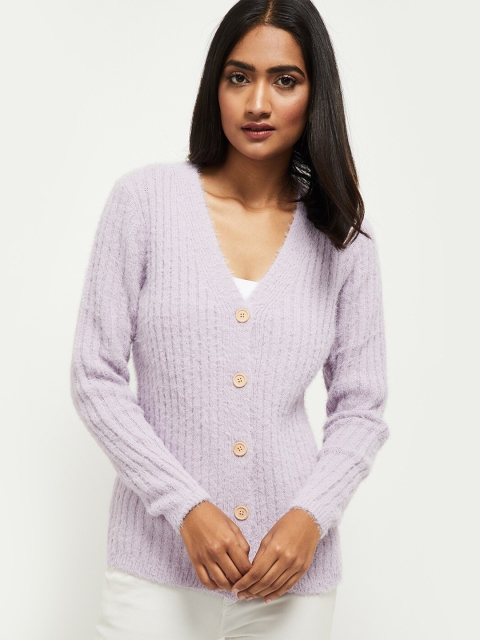 

max Women Purple Striped Front-Open Sweater