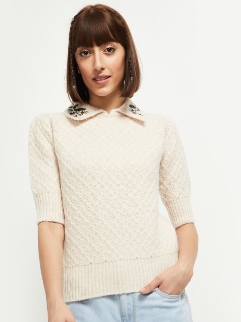 

max Women Cream-Coloured & Green Embroidered Pullover