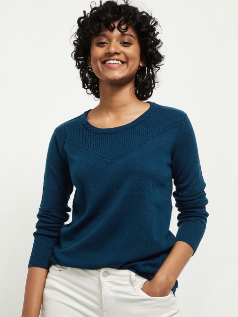 

Max Women Blue Solid Knitted Pullover