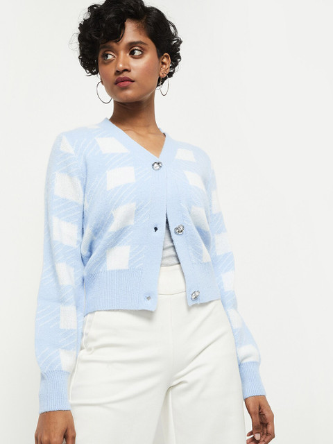 

max Women Blue & White Printed Cardigan
