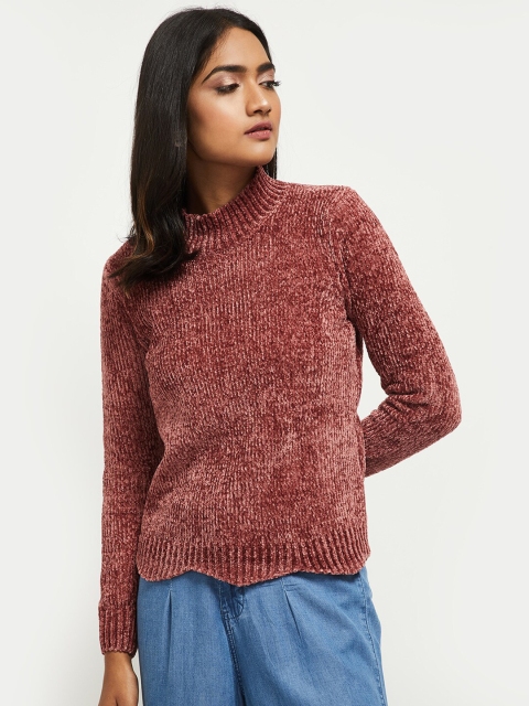 

max Women Maroon Ribbed Pullover Sweater