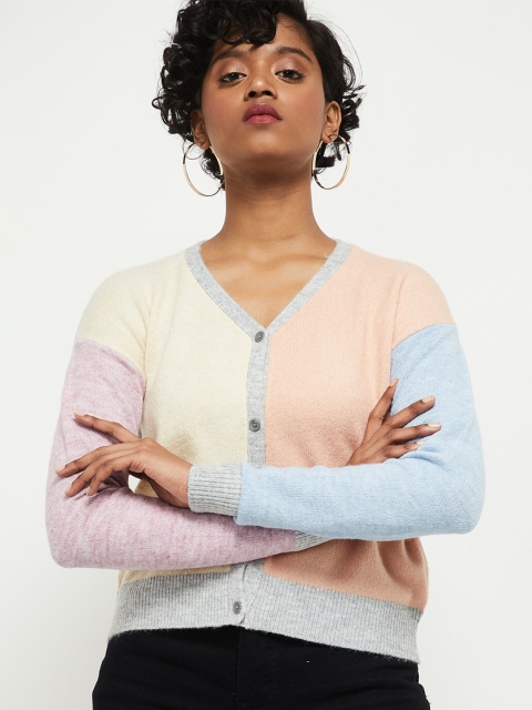 

max Women Peach-Coloured & Purple Colourblocked Cardigan