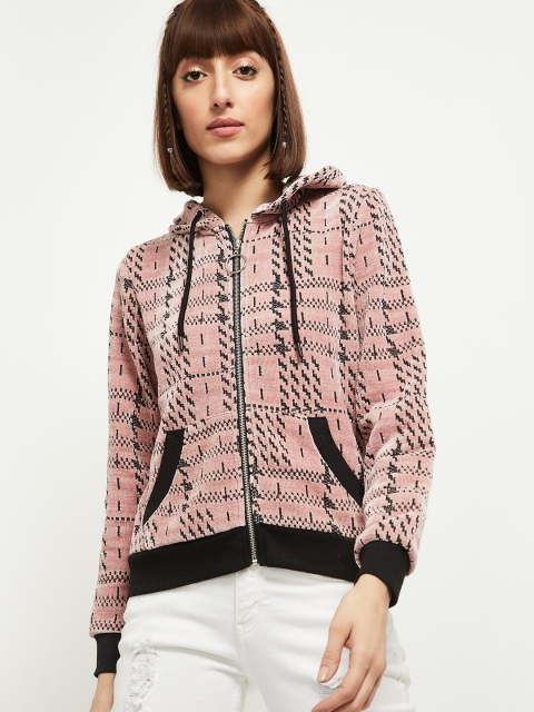 

max Women Pink & Black Geometric Self Design Front-Open Sweater