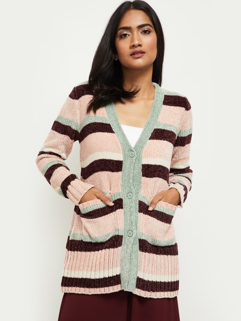

max Women Pink & Brown Striped Cardigan