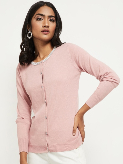

max Women Peach-Coloured Pullover with Embroidered Detail