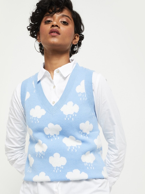 

max Women Blue & White Printed Sweater Vest