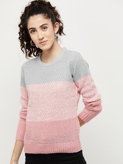 

max Women Pink & Grey Colourblocked Pullover Sweater